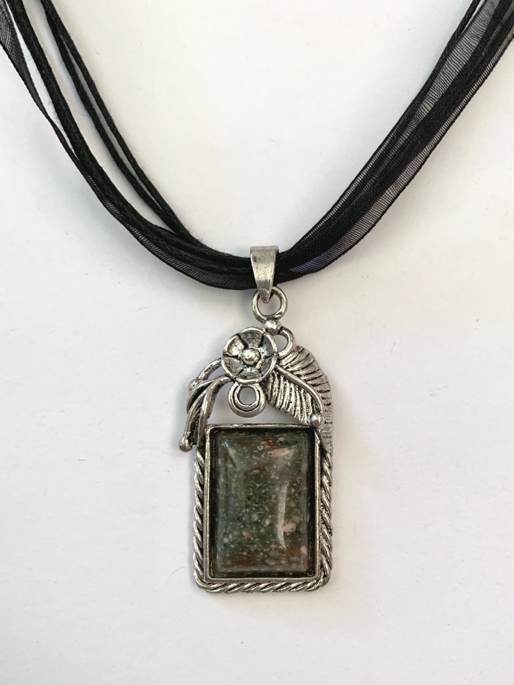 green brown stone silver club rectangle pendant necklace on black ribbon cord